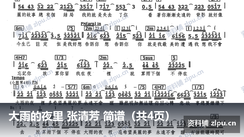 大雨的夜里 张清芳 简谱（共4页）-资料铺